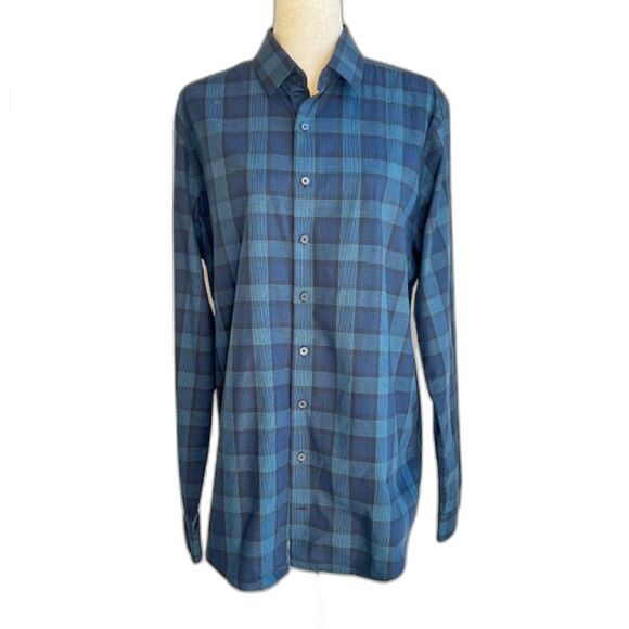 EXPRESS Men's Blue Plaid Cotton Slim Button Down Dress Shirt Size L Tall - Picture 2 of 9